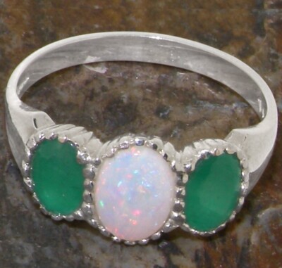 925 Sterling Silver Natural Opal & Emerald Womens Trilogy Ring, New Design Ring