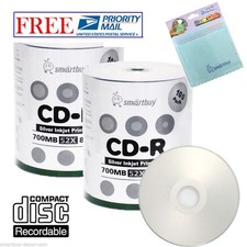 200 Smartbuy Silver Inkjet Printable 52X CD-R 700MB Disc FREE Micro Fiber Cloth