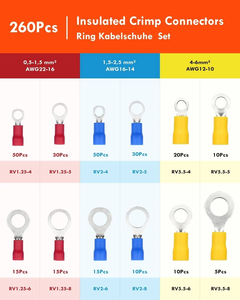 Ring Terminals 260PCS Electrical Crimp Connectors AWG22-10 Crimp Terminals Wire - Image 2 of 4