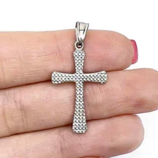 14K White Gold Diamond-Cut Religious Cross Pendant 1.3"