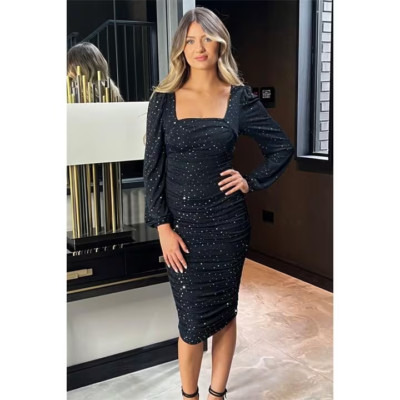 AX PARIS Marineblau Metallic Funkeln und Pailletten Quadratischer Ausschnitt Bodycon Midi-Kleid
