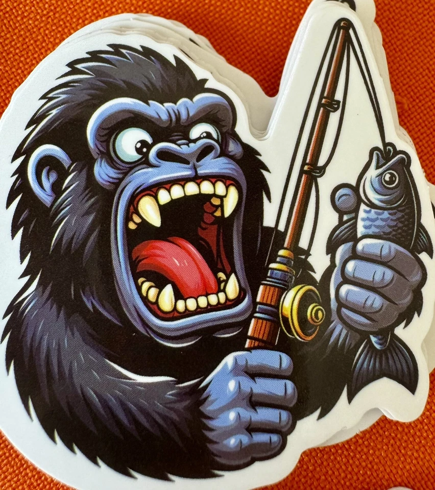 27 X PEGATINAS DE PESCA DE DIBUJOS ANIMADOS DE LUJO GORILA DIVERTIDO PESCADOR PORTÁTIL, CAJA DE PESCA Foto 3 de 4