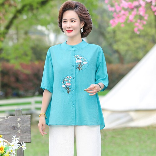 Neu Damen Oberteil chinesischer Stil Shirt Bluse 3/4 Arm bestickt Blumen Ethno - Bild 3 von 13