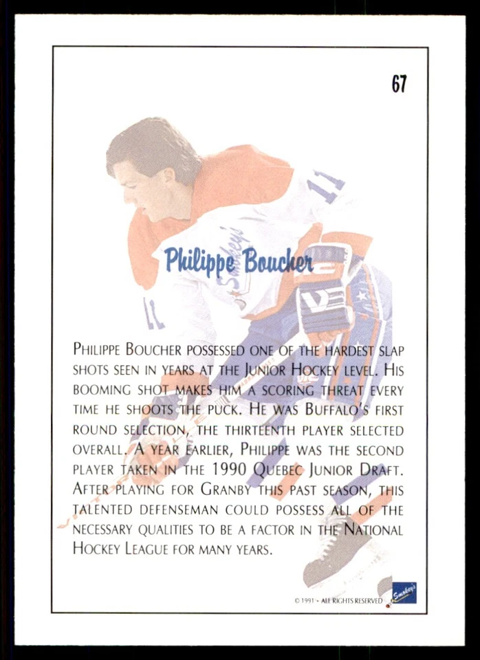 1991-92 Ultimate Draft Philippe Boucher Buffalo Sabres #67 - Image 2 of 2