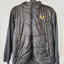 True Religion Puffer Jacket Black Youth's Large Quilted Hooded Coat Full Zip