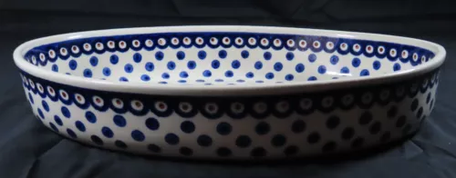Vintage Boleslawiec Polish Pottery Oval Baker Peacock Dot Pattern - Blue