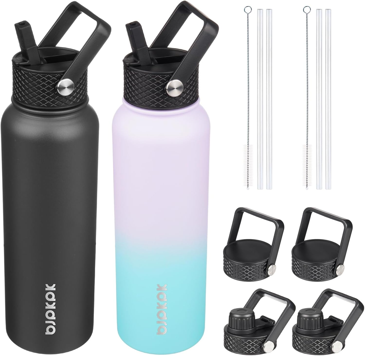 2 Pack Insulated Water Bottles with Straw Lids, 40Oz Stainless Steel Metal Water