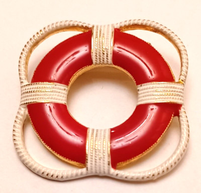 Vintage Nautical Life Preserve Brooch Pin  Round  Enamel Red White Gold Tone 