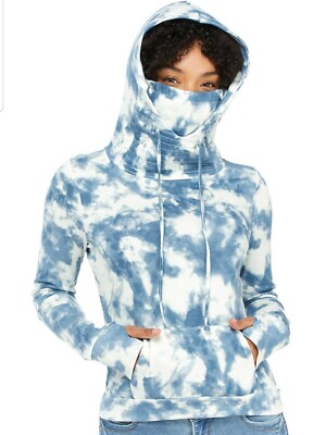 Pullover Hoodie with Built-In Face Mask Thumb Hole -BLUE Tie Dye