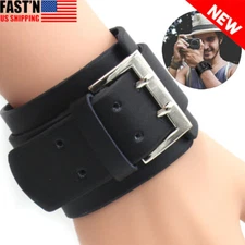 Men's Punk Rock Wide Leather Cuff Bangle Bracelet Adjustable Wristband Black