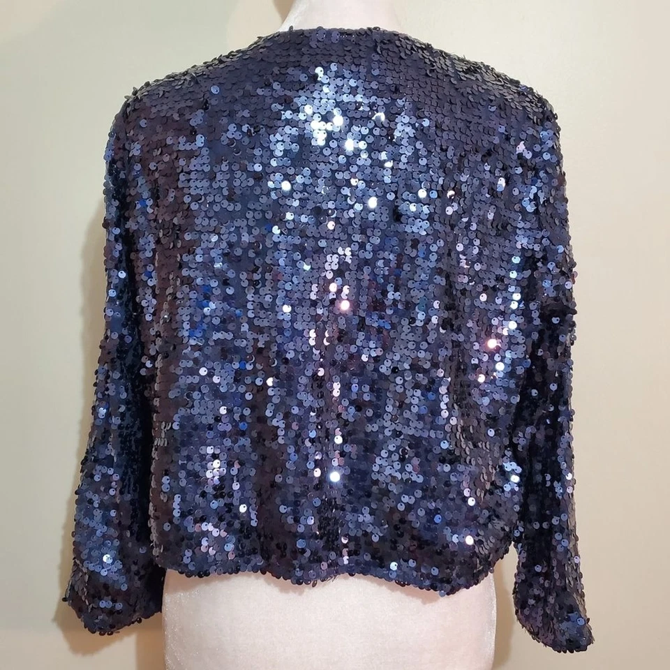 Joan Rivers Y2K Azul Lentejuelas Frente Abierto Bolero Encogerse de hombros Recortado Elegante Chaqueta S Foto 3 de 4