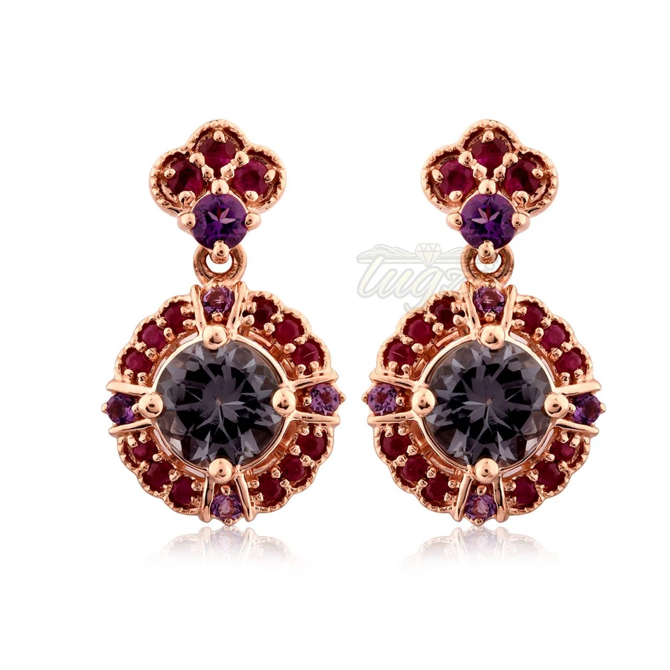 💥$4000- PENDIENTES COLGANTES HALO ESPINELA AMATISTA NATURAL, RUBÍ Y ORO ROSA 14K💥 Foto 2 de 4