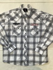 Wrangler PBR Pearl Snap Shirt Mens Size L XL Western Rodeo Cowboy Plaid Black