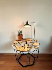 24" White Epoxy Resin Wood Table Top Resin Round Accent Table Coastal Home Decor