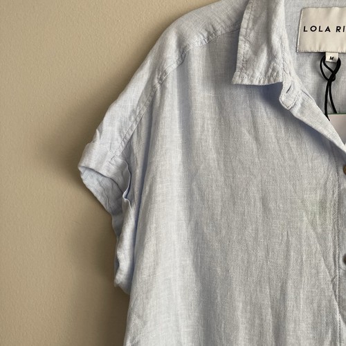 LOLA RIVER Cuffed Short Sleeve Linen Blend Blue Button Down Shirt Size Medium - Picture 3 of 9