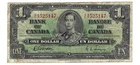 1937 Canada $1 One Dollar Banknote Gordon-Towers (WP) C/L1525147 BC-21c  VG-F