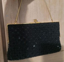 Vtg 60s Black Hand Beaded Purse Evening Bag Richere by Walborg MCM Gold Frame