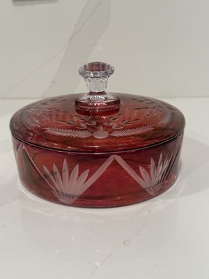 Vintage Ruby Red Cut Glass 3-Section Divided Candy Dish With Lid