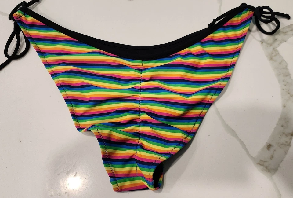 Sexy Rainbow Striped Side-tie Ruched Bottom Halter Top String Bikini Women's XL - Image 4 of 4