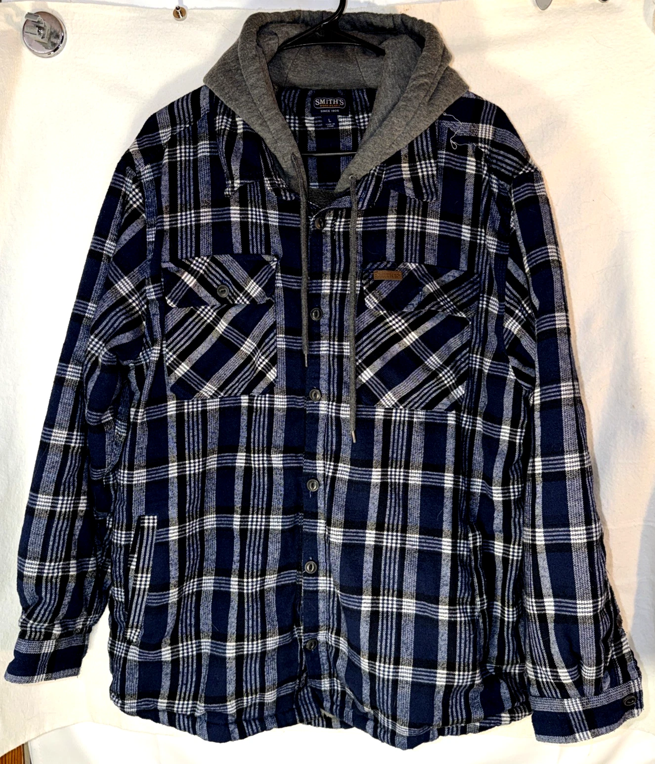 Smith's Workwear Jacket Mens Large Blue Plaid Hooded Sherpa Lined Flannel Parka