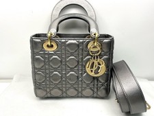Dior Lady Dior 4-Grid Small Metallic Grey Cowhide 2-Way Carry Duty Paid