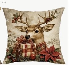 Winter Berries Deer Wreath Christmas Linen Throw Pillow Cover Holiday Home Decor