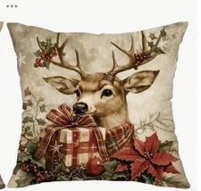 Winter Berries Deer Wreath Christmas Linen Throw Pillow Cover Holiday Home Decor