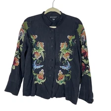 CITRON Santa Monica Black Floral Embroidered Silk Linen Button Up Shirt Size 0X