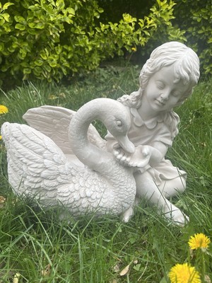 Girl Feeding Swan Stone Outdoor Planter