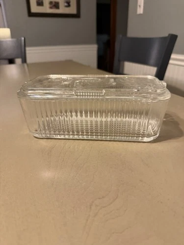 Anchor Hocking Ribbed Refrigerator Dish VTG with Lid & Vegetables On Lid
