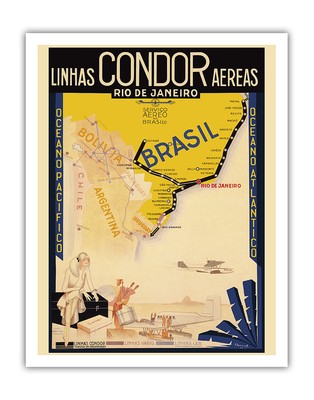 Rio De Janeiro Brazil Air Routes - Vintage Condor Varig Airline Travel Poster