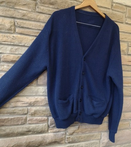 Vintage 50s 60s Men’s Navy Wool Cardigan Sweater V‑Neck Button Front M/L
