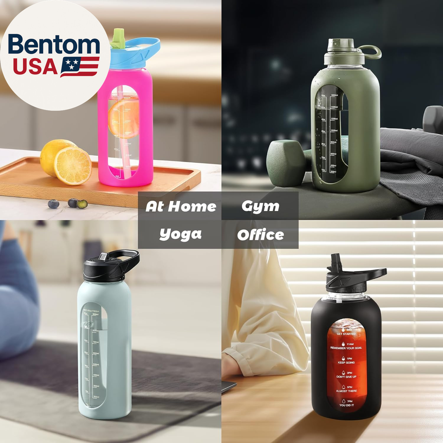 64 Oz Glass Water Bottle Jug with Straw and Handle, Half Gallon Sports Motivatio