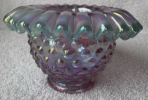 Fenton Signed Shelley  Lavender/Green Edge Hobnail Iridescent Fairy Lamp Base