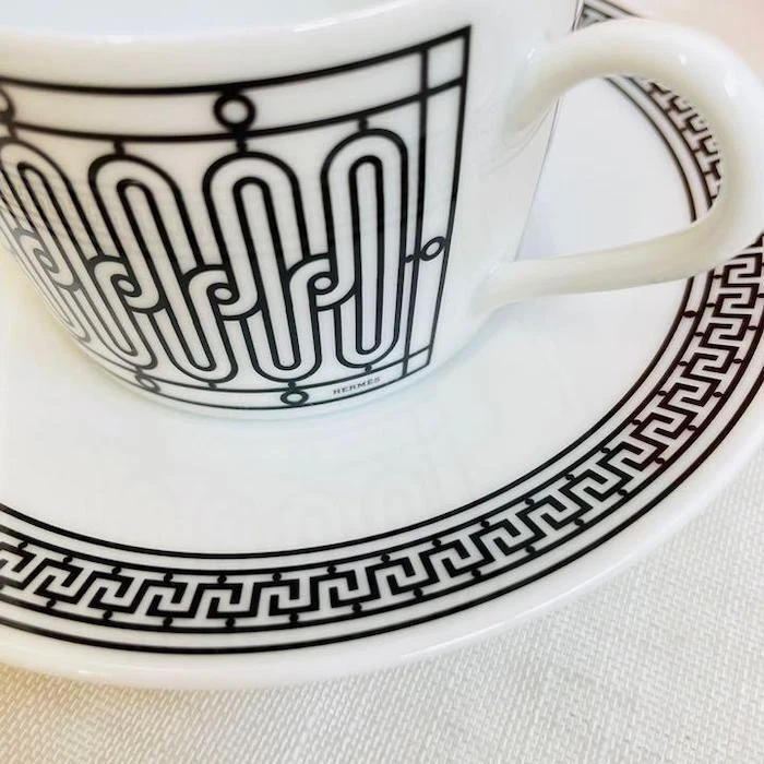 Hermes Taza de Té Platillo H Deco Blanco Negro Vajilla Juego de 2 Café Latte Auténtico Nuevo Foto 3 de 4
