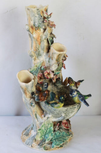 Fontaine à oiseau en céramique de SEVRES décor de oiseaux sur un tronc fleurit - Afbeelding 1 van 9