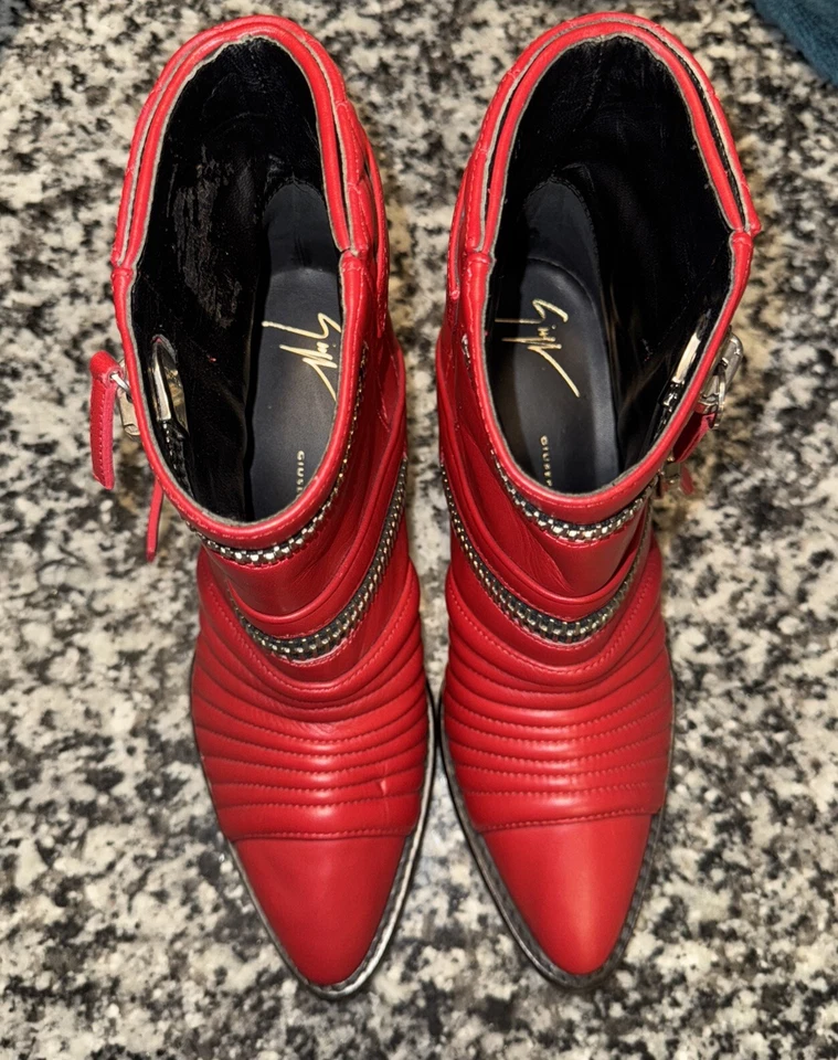$1595❤️37 Giuseppe Zanotti Cuero Motociclista Botines Acolchados Rojo Foto 3 de 4