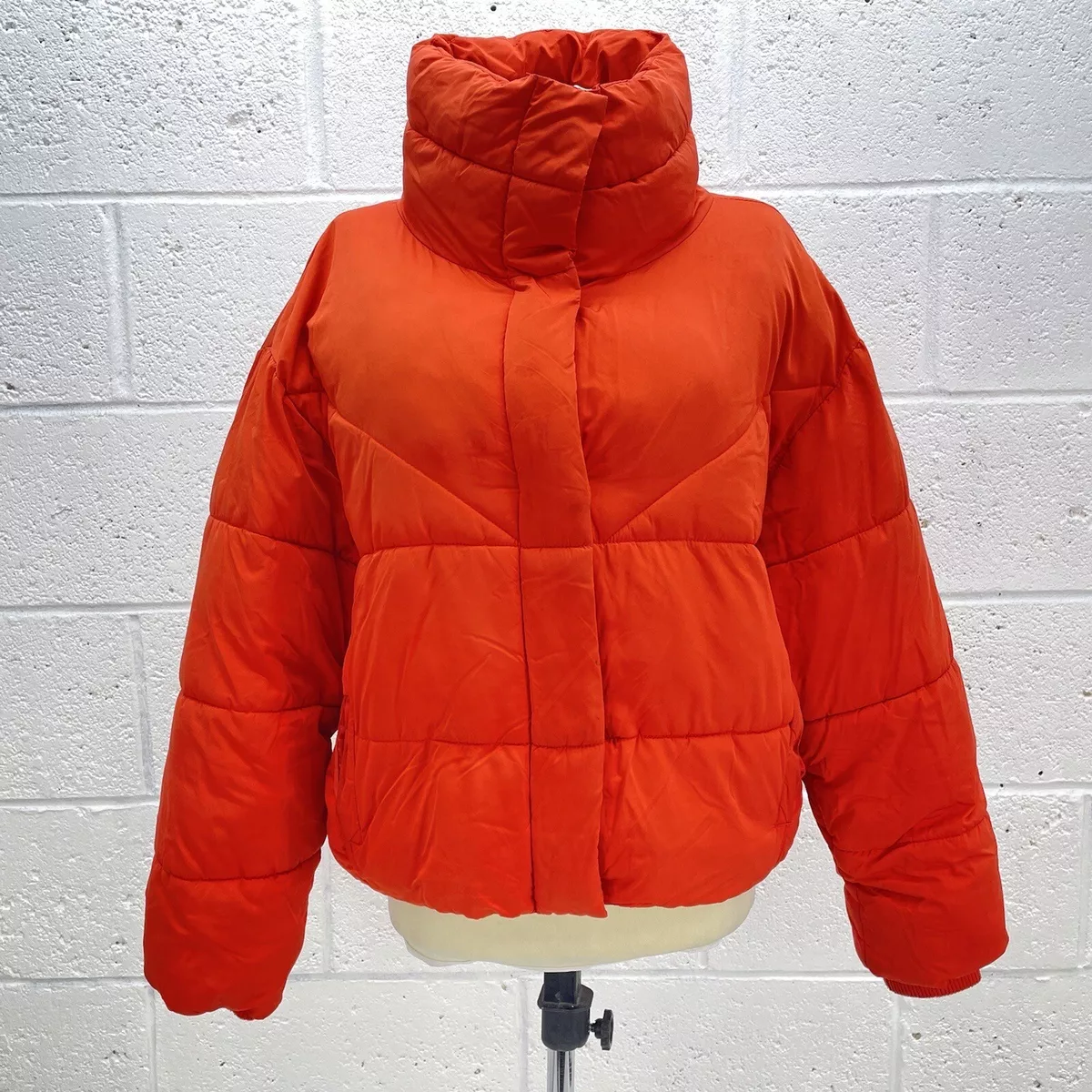 TOPSHOP RED ORANGE PUFFER COAT PADDED JACKET ZIP UP DRAWSTRING HEM Y2K UK 14