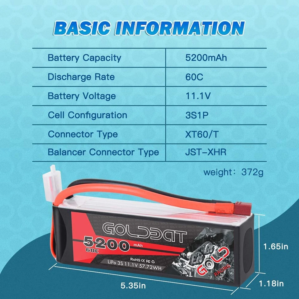 GOLDBAT LiPo RC Battery 5200mAh 3S 60C 11.1V LiPo RC Short Battery with Deans... - Image 2 of 4