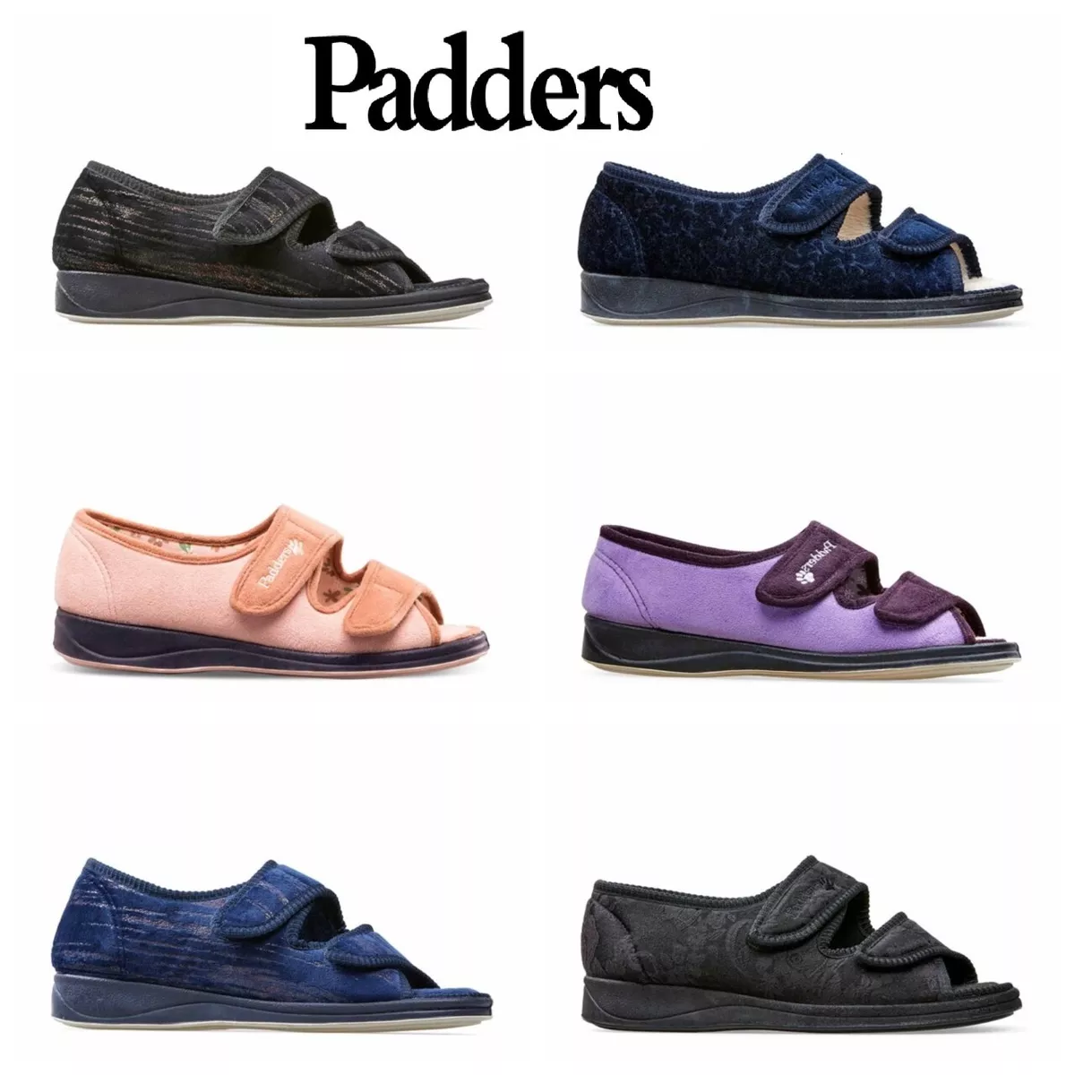 Womens Padders Slippers Lydia Open Toe Hook Loop 2E Wide Fitting