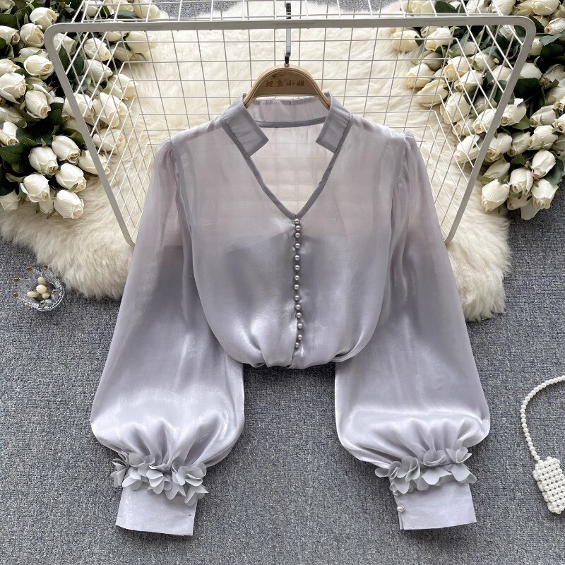 Women Shiny Satin Blouse Shirt Top V-Neck Puff Sleeve Sheer Summer