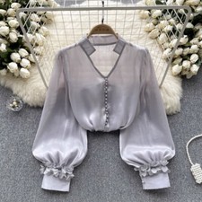 Damen Glänzend Satin Bluse Hemd Top V-Ausschnitt Puffärmel Schier Sommer Rüschen