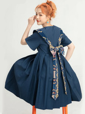 2022 College Style Pleated Dress Summer New Women Short Sleeve Bow British