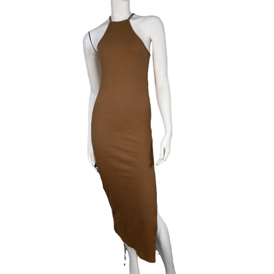 Bershka bodycon midi dress racer brown beige chic minimal basic cotton -  small | eBay