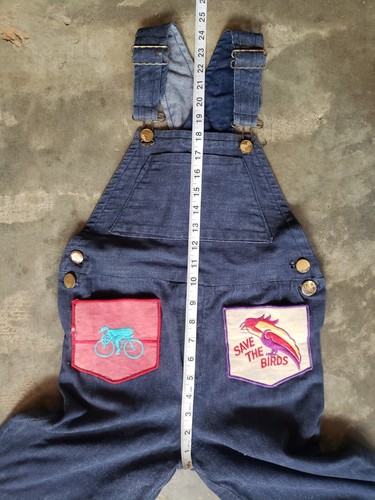 Vtg 70s Bib Overalls Bell Bottom Wide Flare Bicycle Bird Patches Kids W24 x L20 - Picture 16 of 17