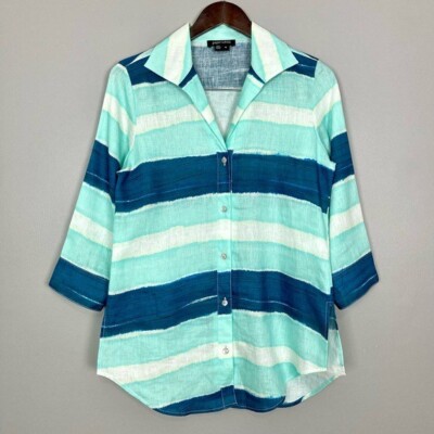 Paperwhite Striped Linen Tunic Top Women s Size 6 Button Front Point Collar