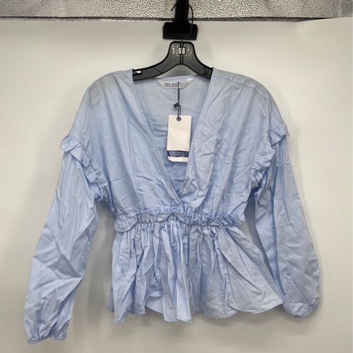 Zara Basic Womens Z1975 Denim Peplum Blouse Blue V Neck Ruffles Shirt Top  XS New | eBay