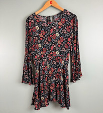 American Eagle S Black Floral Long Bell Sleeve Flirty Mini Festival Boho Dress