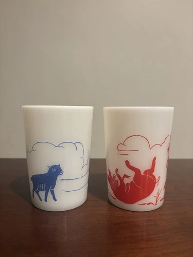 Pair Vintage Mary Had A Little Lamb & 3 Little Pigs Milk Glasses 4” Tumbler 👀