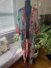 Multicolor Floral Satin Kimono Robe with Tie Belt V Neck 3/4 Sleeve Women